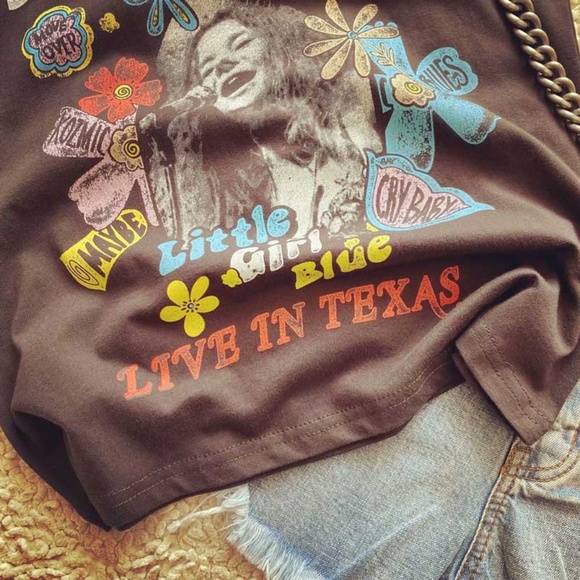 Boho Black Janis Joplin Floral Graphic Tee Rock - Picture 4 of 7